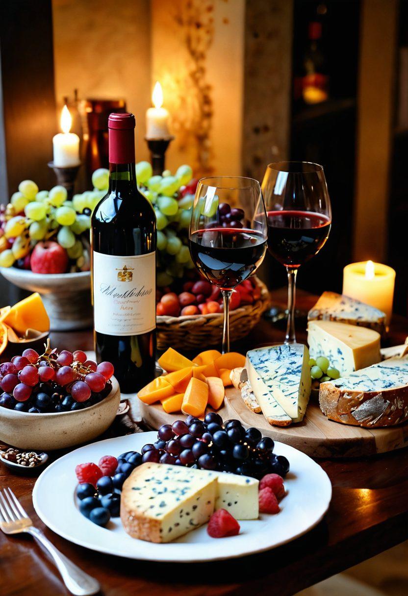 A beautifully arranged table setting featuring an elegant wine bottle and two crystal glasses filled with rich red wine, surrounded by colorful assortments of gourmet cheeses, fruits, and artisanal breads. A festive atmosphere is enhanced by twinkling fairy lights overhead, and soft candles casting a warm glow. In the background, hints of a lively celebration can be seen, with guests enjoying themselves. watercolor. warm colors. whimsical style.