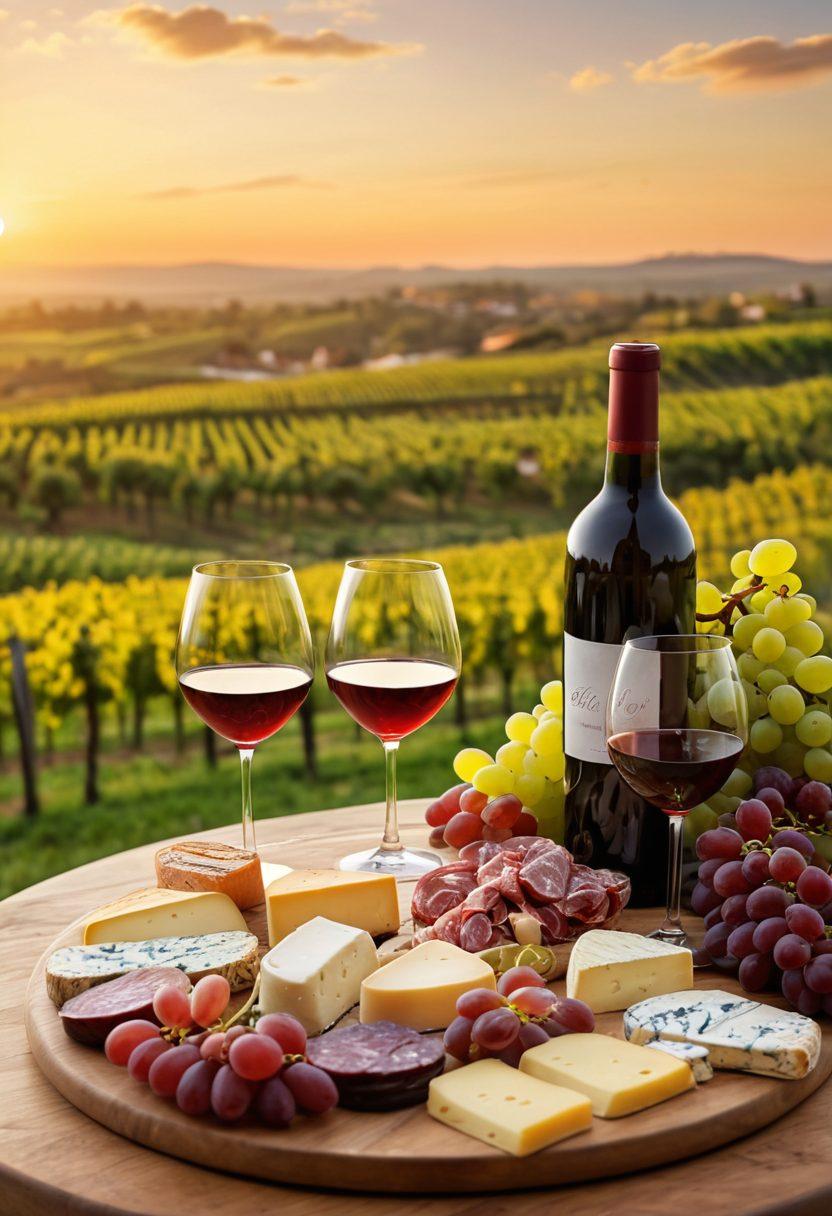 A beautifully arranged table set for a wine tasting, featuring elegant glasses filled with various shades of red and white wine, surrounded by a variety of gourmet cheese, grapes, and charcuterie. Soft ambient lighting accentuates the textures of the food and the reflections in the wine glasses. A backdrop of rolling vineyards under a sunset sky adds warmth and richness to the scene. sophisticated and warm atmosphere. super-realistic. vibrant colors.