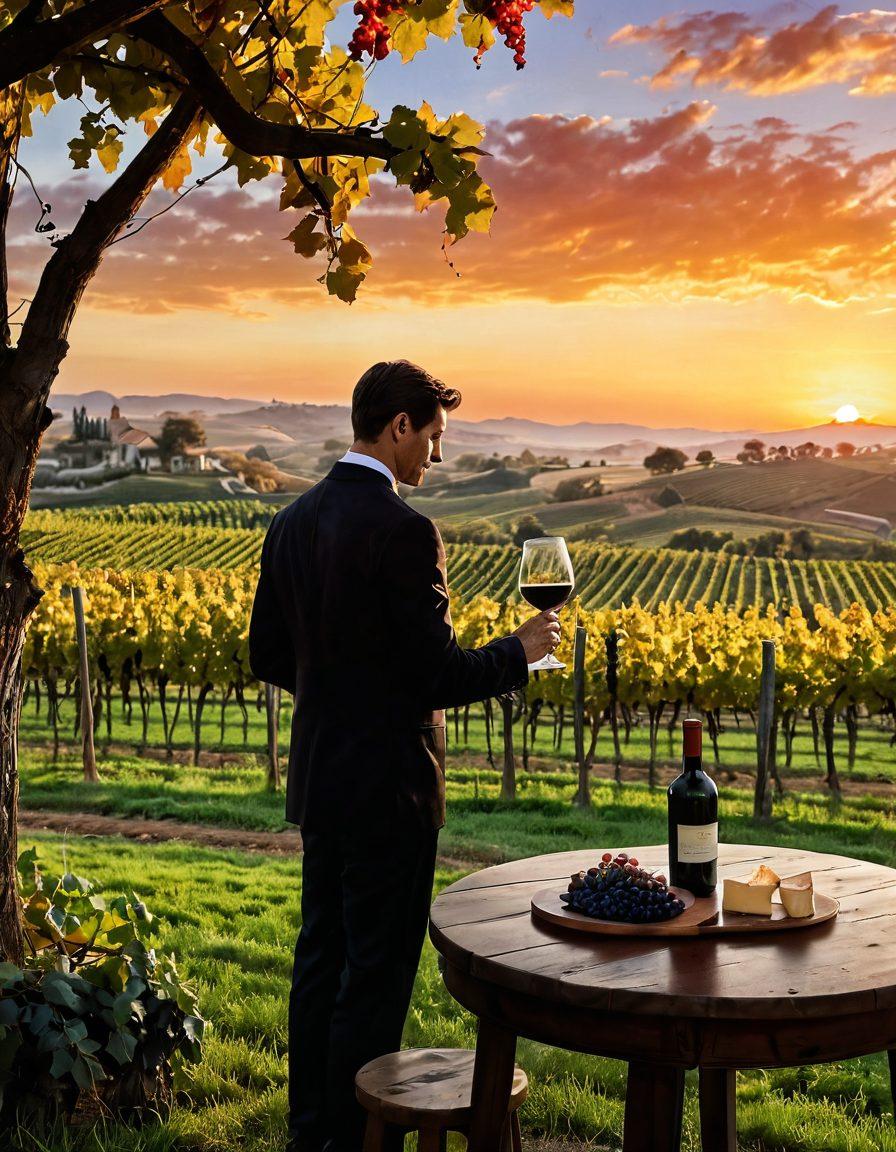 A serene vineyard at sunset, with lush grapevines stretching into the horizon. In the foreground, a sommelier is elegantly pouring a glass of deep red wine, capturing the light. Subtle elements like wine barrels and a cheese platter can be seen in the background, enhancing the ambiance of blissful winemaking. The scene radiates warmth and sophistication. super-realistic. vibrant colors. rustic elegance.